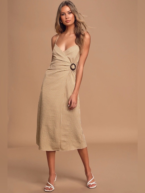 Lulus Dresses & Skirts - Lulus Sunshine On the Mind Mustard Yellow Gingham Wrap Midi Dress Large NWT